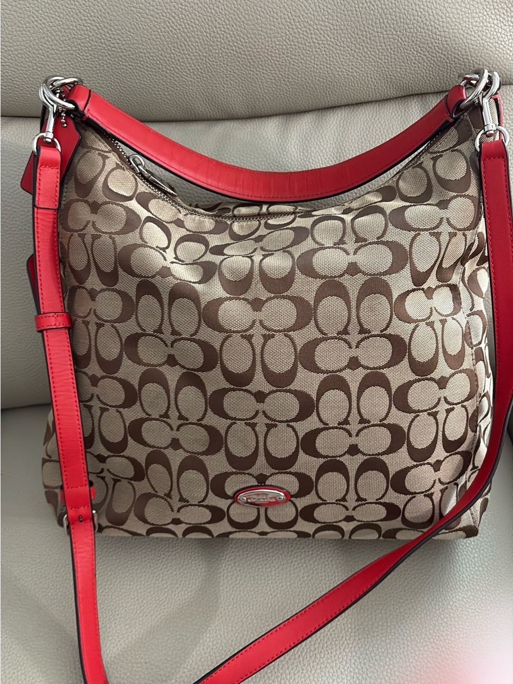 Coach Brown Signature Shoulder Bag with Orange straps